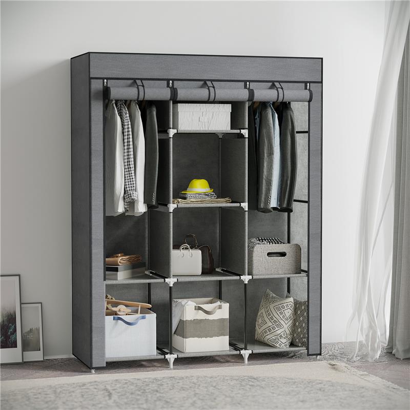 GUARDAROBA IN TESSUTO NON TESSUTO E ACCIAIO CON 8 RIPIANI E 2 BARRE 125X43X162.5 CM GRIGIO CARBONE