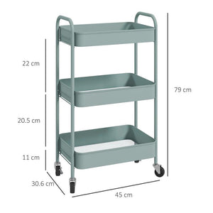 CARRELLO DA CUCINA A 3 LIVELLI CON MANIGLIE E 4 ROTELLE IN ACCIAIO 45X30.6X79 CM AZZURRO