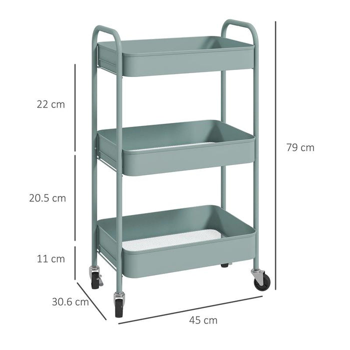 CARRELLO DA CUCINA A 3 LIVELLI CON MANIGLIE E 4 ROTELLE IN ACCIAIO 45X30.6X79 CM AZZURRO