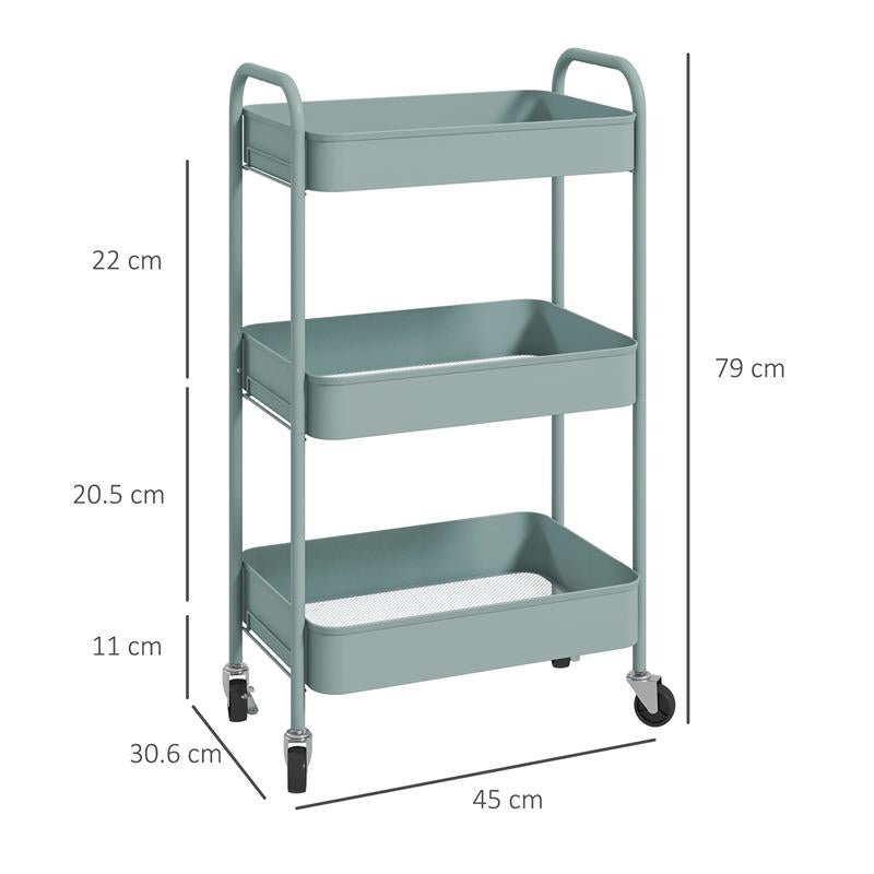 CARRELLO DA CUCINA A 3 LIVELLI CON MANIGLIE E 4 ROTELLE IN ACCIAIO 45X30.6X79 CM AZZURRO