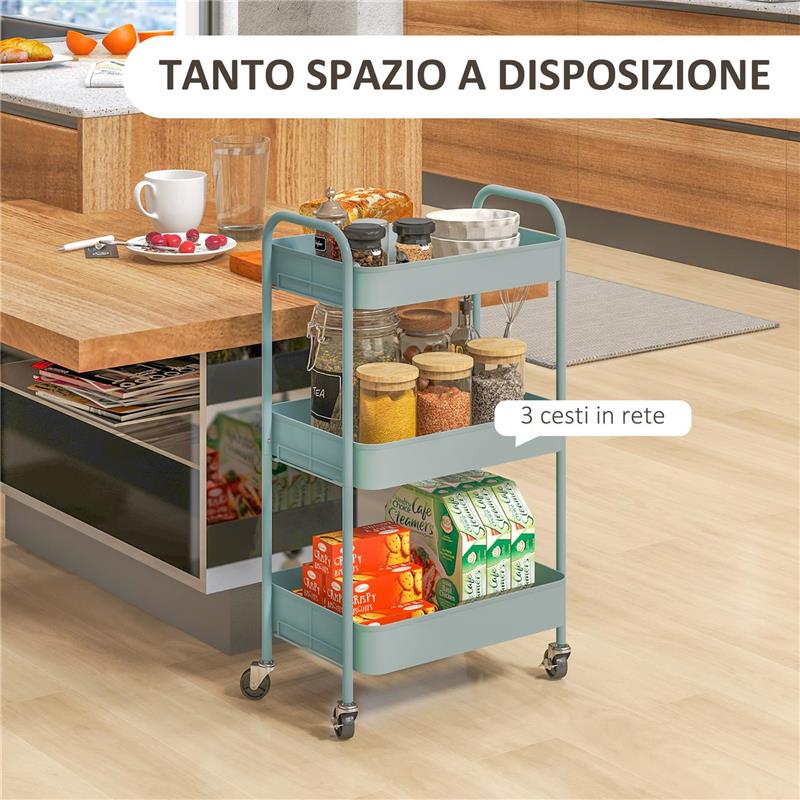 CARRELLO DA CUCINA A 3 LIVELLI CON MANIGLIE E 4 ROTELLE IN ACCIAIO 45X30.6X79 CM AZZURRO