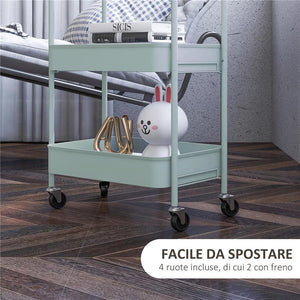 CARRELLO DA CUCINA A 3 LIVELLI CON MANIGLIE E 4 ROTELLE IN ACCIAIO 45X30.6X79 CM AZZURRO