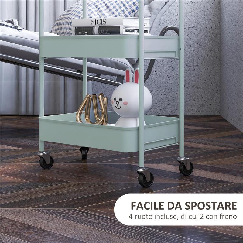 CARRELLO DA CUCINA A 3 LIVELLI CON MANIGLIE E 4 ROTELLE IN ACCIAIO 45X30.6X79 CM AZZURRO