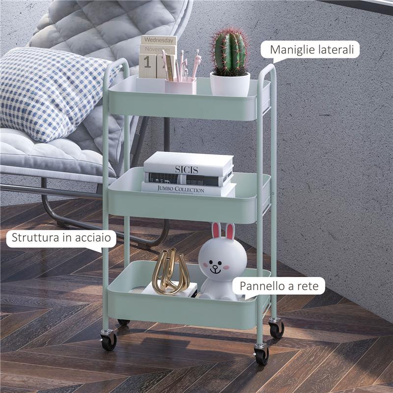 CARRELLO DA CUCINA A 3 LIVELLI CON MANIGLIE E 4 ROTELLE IN ACCIAIO 45X30.6X79 CM AZZURRO