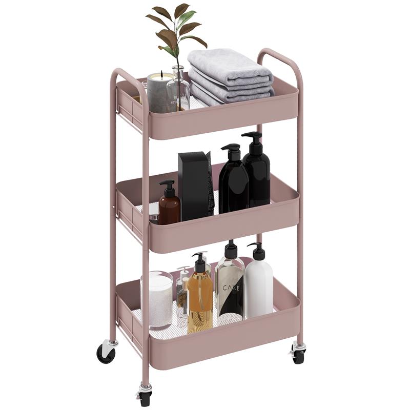 CARRELLO DA CUCINA A 3 LIVELLI CON MANIGLIE E 4 ROTELLE IN ACCIAIO 45X30.6X79 CM ROSA