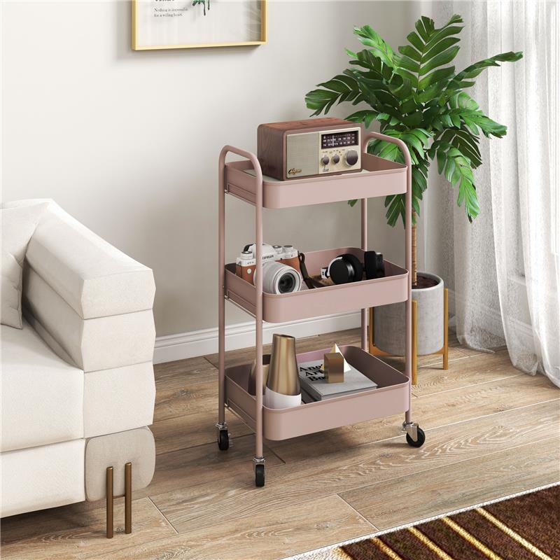 CARRELLO DA CUCINA A 3 LIVELLI CON MANIGLIE E 4 ROTELLE IN ACCIAIO 45X30.6X79 CM ROSA