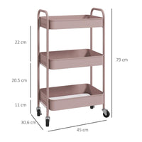 CARRELLO DA CUCINA A 3 LIVELLI CON MANIGLIE E 4 ROTELLE IN ACCIAIO 45X30.6X79 CM ROSA