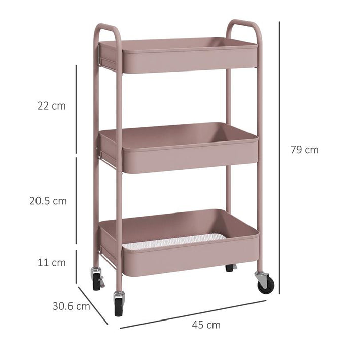 CARRELLO DA CUCINA A 3 LIVELLI CON MANIGLIE E 4 ROTELLE IN ACCIAIO 45X30.6X79 CM ROSA