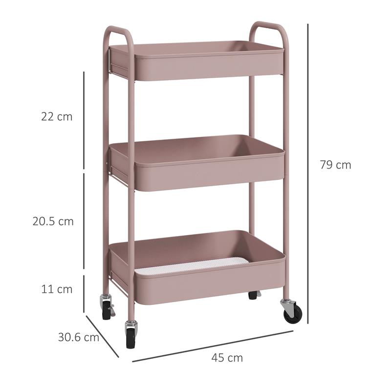 CARRELLO DA CUCINA A 3 LIVELLI CON MANIGLIE E 4 ROTELLE IN ACCIAIO 45X30.6X79 CM ROSA