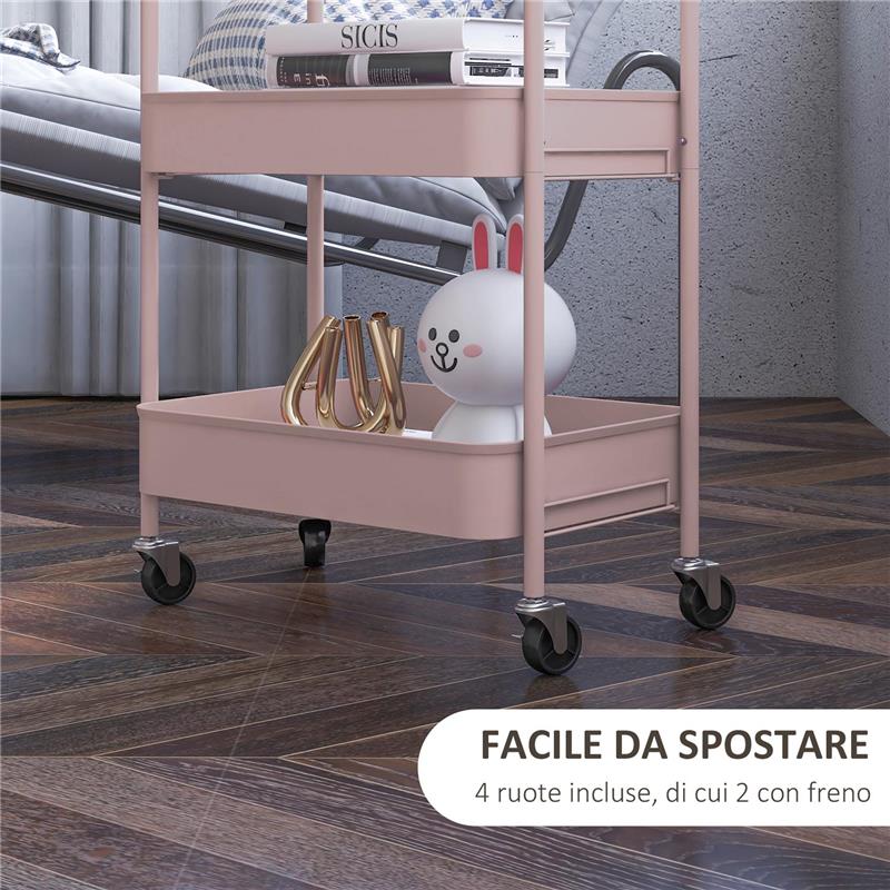 CARRELLO DA CUCINA A 3 LIVELLI CON MANIGLIE E 4 ROTELLE IN ACCIAIO 45X30.6X79 CM ROSA