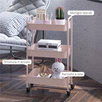 CARRELLO DA CUCINA A 3 LIVELLI CON MANIGLIE E 4 ROTELLE IN ACCIAIO 45X30.6X79 CM ROSA