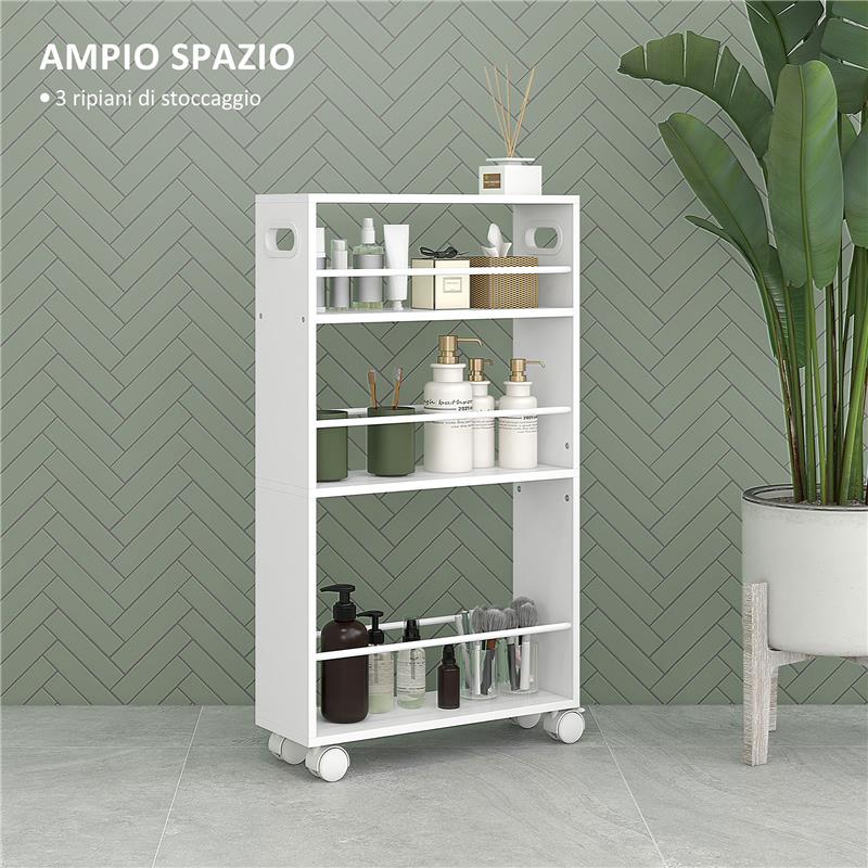 CARRELLO DA CUCINA E BAGNO SALVASPAZIO A 3 LIVELLI CON BARRE LATERALI E RUOTE CON FRENI BIANCO 45X15X80 CM