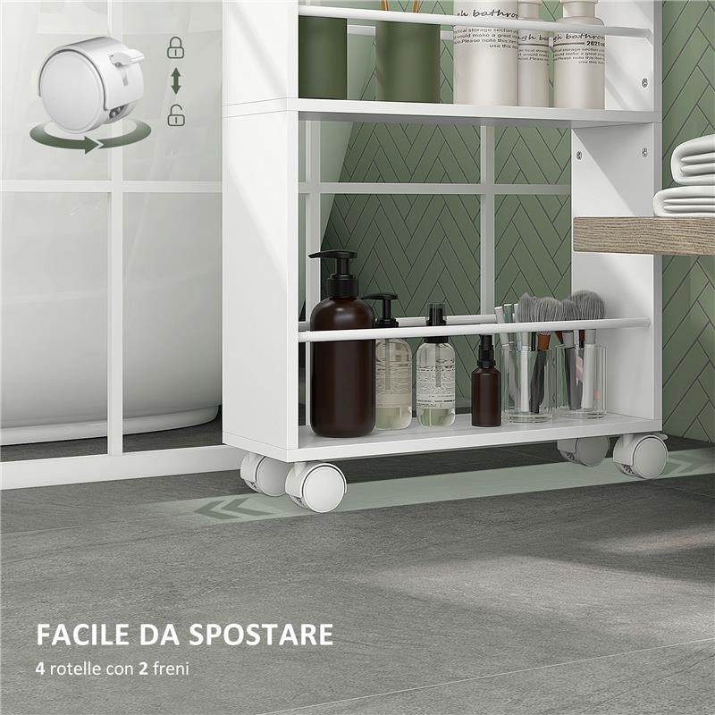 CARRELLO DA CUCINA E BAGNO SALVASPAZIO A 3 LIVELLI CON BARRE LATERALI E RUOTE CON FRENI BIANCO 45X15X80 CM