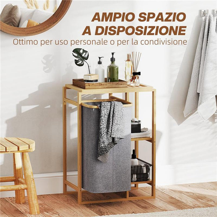 CESTO PORTABIANCHERIA CON BORSA ESTRAIBILE E RIPIANI A DOGHE IN BAMBÙ 50X32X70 CM GRIGIO