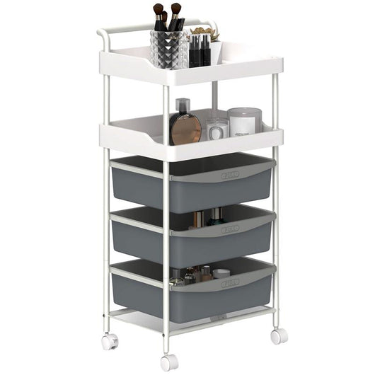 CARRELLO PORTAOGGETTI CON 2 VASSOI FISSI E 3 VASSOI SCORREVOLI IN ACCIAIO E PP 40X34X85 CM BIANCO E GRIGIO