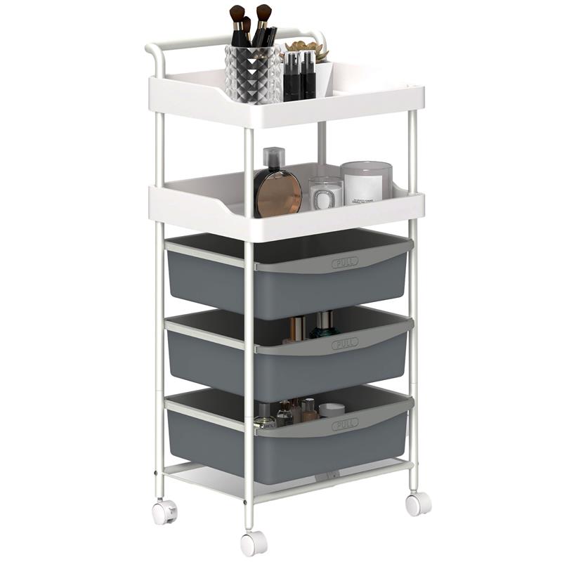 CARRELLO PORTAOGGETTI CON 2 VASSOI FISSI E 3 VASSOI SCORREVOLI IN ACCIAIO E PP 40X34X85 CM BIANCO E GRIGIO