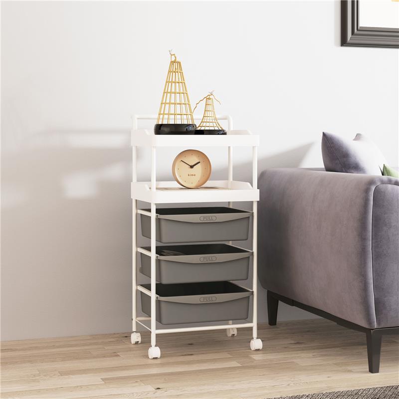 CARRELLO PORTAOGGETTI CON 2 VASSOI FISSI E 3 VASSOI SCORREVOLI IN ACCIAIO E PP 40X34X85 CM BIANCO E GRIGIO