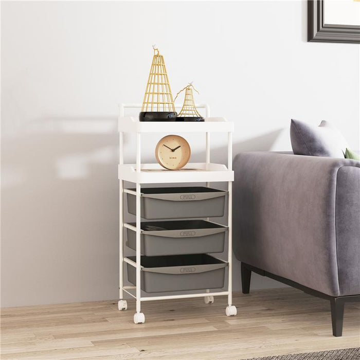 CARRELLO PORTAOGGETTI CON 2 VASSOI FISSI E 3 VASSOI SCORREVOLI IN ACCIAIO E PP 40X34X85 CM BIANCO E GRIGIO