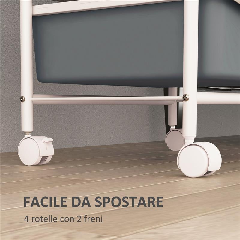 CARRELLO PORTAOGGETTI CON 2 VASSOI FISSI E 3 VASSOI SCORREVOLI IN ACCIAIO E PP 40X34X85 CM BIANCO E GRIGIO