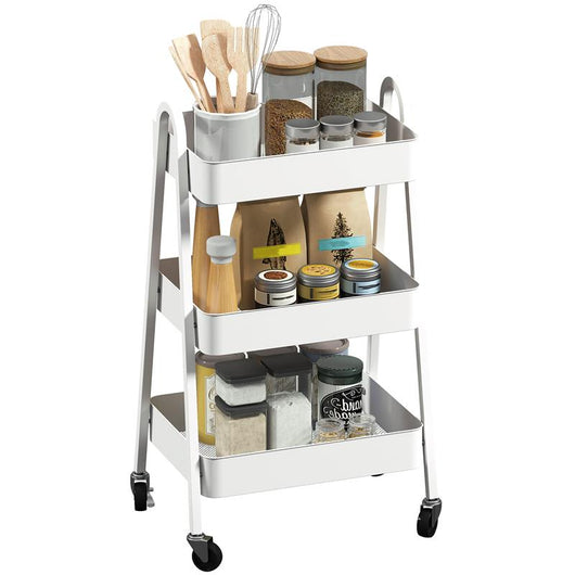 CARRELLO CUCINA MULTIUSO A 3 LIVELLI RUOTE GIREVOLI CON FRENO E MANIGLIE BIANCO 42.4X29.8X74.5 CM