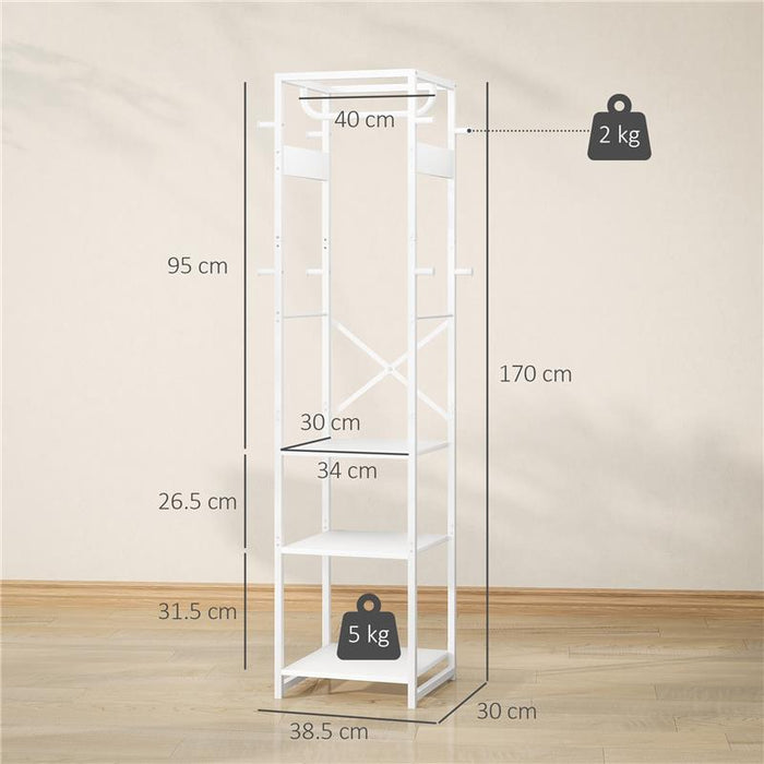 APPENDIABITI DA TERRA CON ASTA E 2 RIPIANI APERTI IN LEGNO E ACCIAIO 38.5X30X170 CM BIANCO E COLOR LEGNO