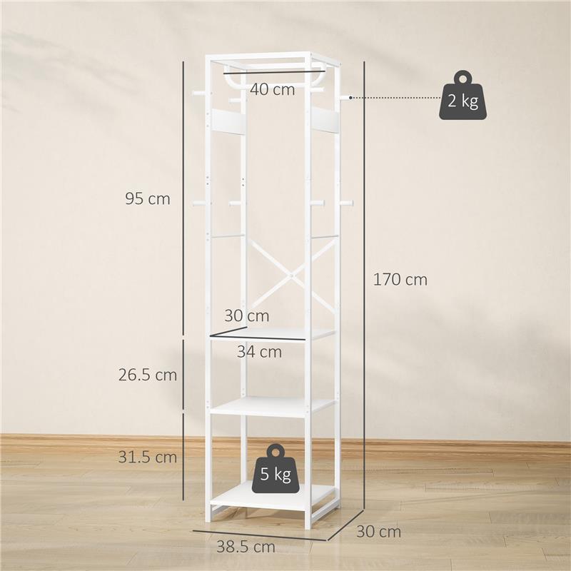 APPENDIABITI DA TERRA CON ASTA E 2 RIPIANI APERTI IN LEGNO E ACCIAIO 38.5X30X170 CM BIANCO E COLOR LEGNO