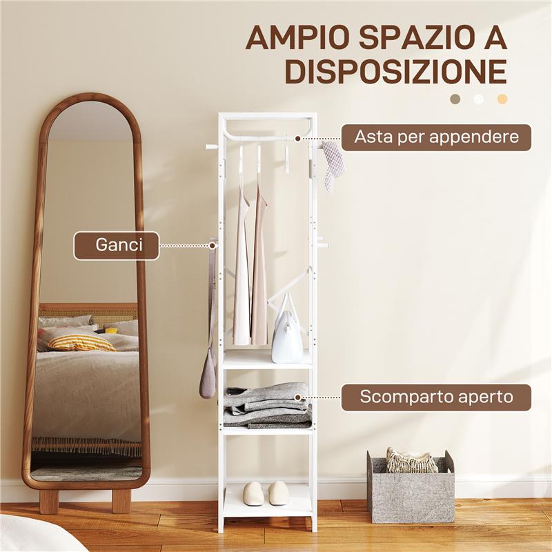 APPENDIABITI DA TERRA CON ASTA E 2 RIPIANI APERTI IN LEGNO E ACCIAIO 38.5X30X170 CM BIANCO E COLOR LEGNO