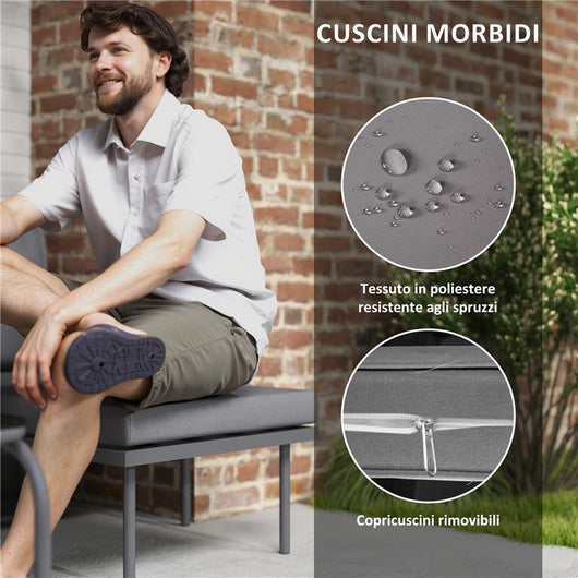 SALOTTO DA GIARDINO 4 PEZZI IN RATTAN CON DIVANO CHAISE LONGUE POLTRONA E TAVOLINO CON CUSCINI GRIGIO