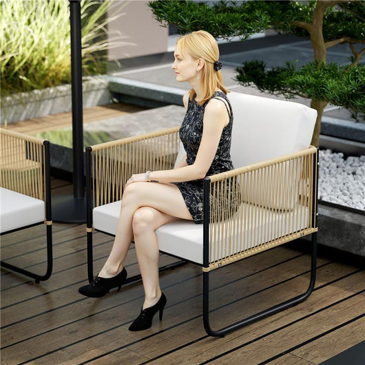 SET DA GIARDINO 4 PEZZI IN RATTAN E ACCIAIO CON DIVANETTO 2 POLTRONE DA ESTERNO E TAVOLINO BASSO MULTICOLORE