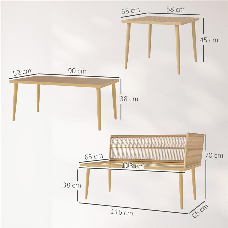 SET SALOTTO DA ESTERNO IN RATTAN PE CON 2 DIVANI A 2 POSTI CON CUSCINI E 2 TAVOLI DA CAFFÉ COLORE LEGNO