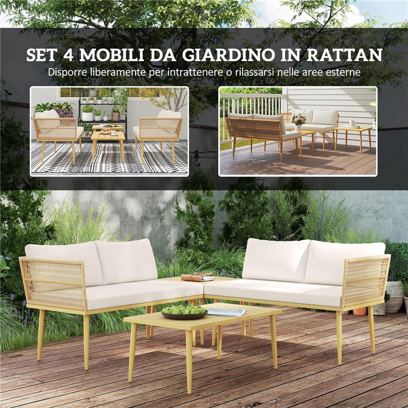 SET SALOTTO DA ESTERNO IN RATTAN PE CON 2 DIVANI A 2 POSTI CON CUSCINI E 2 TAVOLI DA CAFFÉ COLORE LEGNO