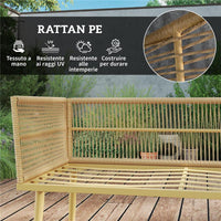 SET SALOTTO DA ESTERNO IN RATTAN PE CON 2 DIVANI A 2 POSTI CON CUSCINI E 2 TAVOLI DA CAFFÉ COLORE LEGNO