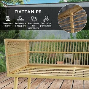 SET SALOTTO DA ESTERNO IN RATTAN PE CON 2 DIVANI A 2 POSTI CON CUSCINI E 2 TAVOLI DA CAFFÉ COLORE LEGNO