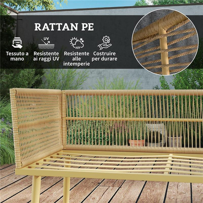SET SALOTTO DA ESTERNO IN RATTAN PE CON 2 DIVANI A 2 POSTI CON CUSCINI E 2 TAVOLI DA CAFFÉ COLORE LEGNO