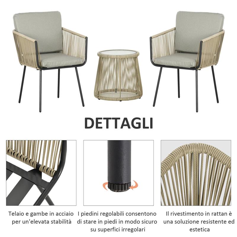 SET DA ESTERNO CON TAVOLINO IN VETRO E 2 SEDIE DA GIARDINO IN RATTAN STILE BOHO CAFFÉ