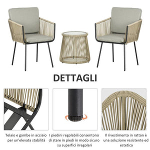 SET DA ESTERNO CON TAVOLINO IN VETRO E 2 SEDIE DA GIARDINO IN RATTAN STILE BOHO CAFFÉ