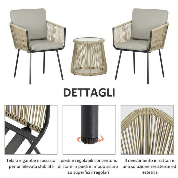 SET DA ESTERNO CON TAVOLINO IN VETRO E 2 SEDIE DA GIARDINO IN RATTAN STILE BOHO CAFFÉ