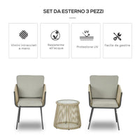 SET DA ESTERNO CON TAVOLINO IN VETRO E 2 SEDIE DA GIARDINO IN RATTAN STILE BOHO CAFFÉ