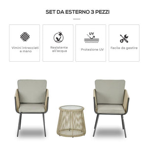 SET DA ESTERNO CON TAVOLINO IN VETRO E 2 SEDIE DA GIARDINO IN RATTAN STILE BOHO CAFFÉ