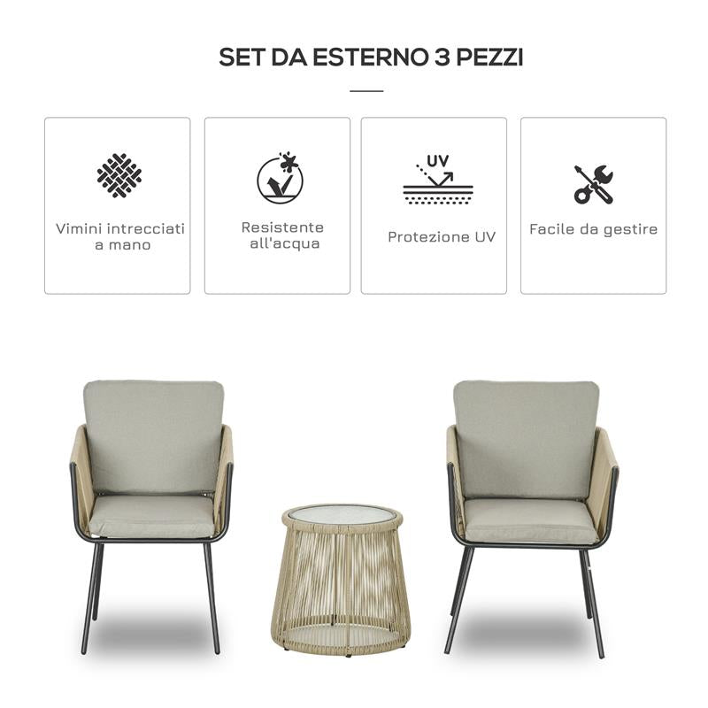 SET DA ESTERNO CON TAVOLINO IN VETRO E 2 SEDIE DA GIARDINO IN RATTAN STILE BOHO CAFFÉ