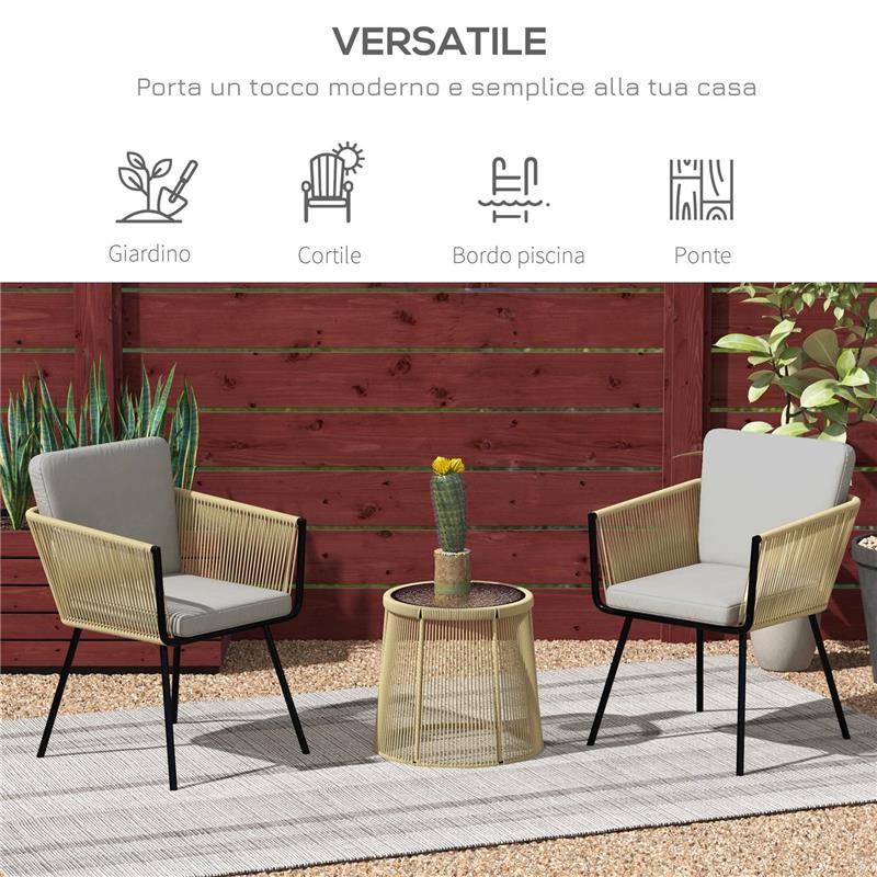 SET DA ESTERNO CON TAVOLINO IN VETRO E 2 SEDIE DA GIARDINO IN RATTAN STILE BOHO CAFFÉ
