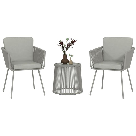 SET DA ESTERNO CON TAVOLINO IN VETRO E 2 SEDIE DA GIARDINO IN RATTAN STILE BOHO GRIGIO CHIARO
