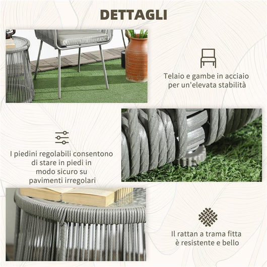 SET DA ESTERNO CON TAVOLINO IN VETRO E 2 SEDIE DA GIARDINO IN RATTAN STILE BOHO GRIGIO CHIARO