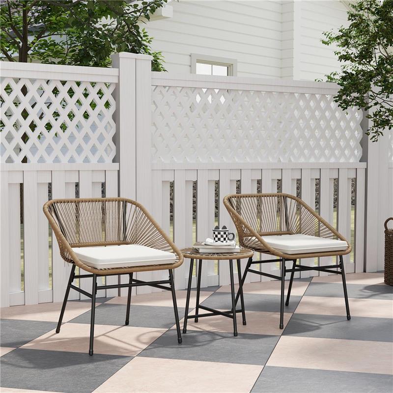 SET DA GIARDINO 3 PEZZI IN RATTAN PE E ACCIAIO CON 2 SEDIE CON CUSCINI E TAVOLINO ROTONDO MULTICOLORE