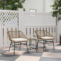 SET DA GIARDINO 3 PEZZI IN RATTAN PE E ACCIAIO CON 2 SEDIE CON CUSCINI E TAVOLINO ROTONDO MULTICOLORE