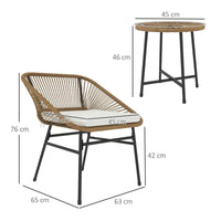 SET DA GIARDINO 3 PEZZI IN RATTAN PE E ACCIAIO CON 2 SEDIE CON CUSCINI E TAVOLINO ROTONDO MULTICOLORE