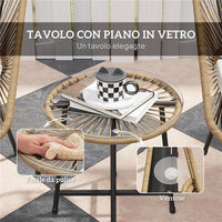 SET DA GIARDINO 3 PEZZI IN RATTAN PE E ACCIAIO CON 2 SEDIE CON CUSCINI E TAVOLINO ROTONDO MULTICOLORE