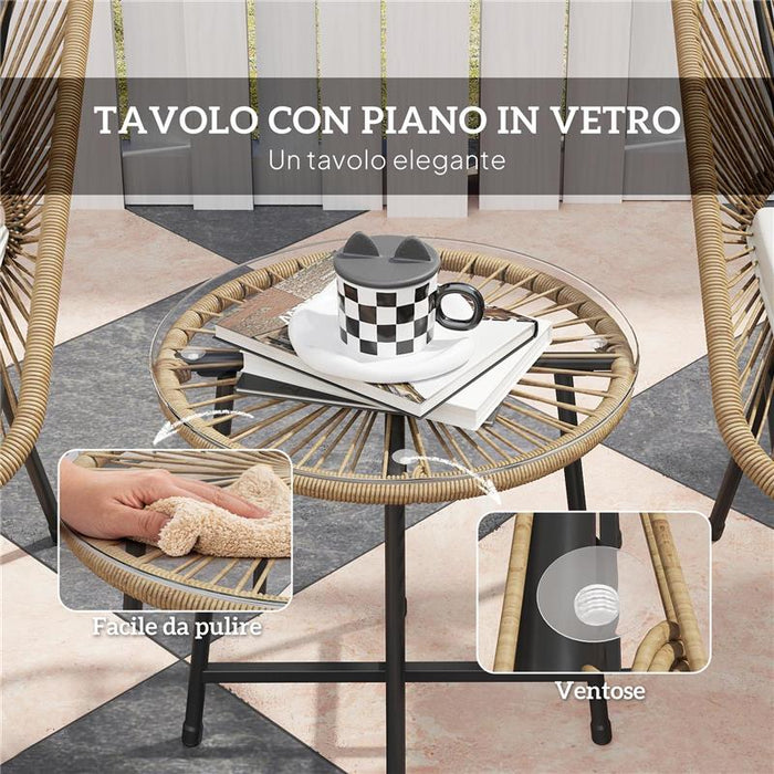 SET DA GIARDINO 3 PEZZI IN RATTAN PE E ACCIAIO CON 2 SEDIE CON CUSCINI E TAVOLINO ROTONDO MULTICOLORE