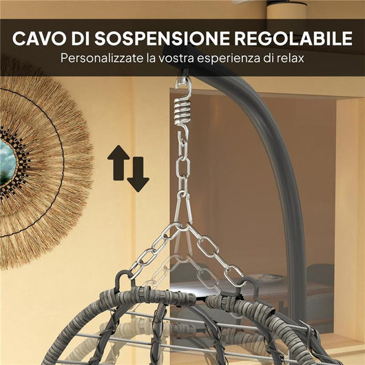 SEDIA SOSPESA IN RATTAN A UOVO CON CUSCINO E POGGIATESTA ALTEZZA REGOLABILE E SEDUTA RICHIUDIBILE GRIGIO