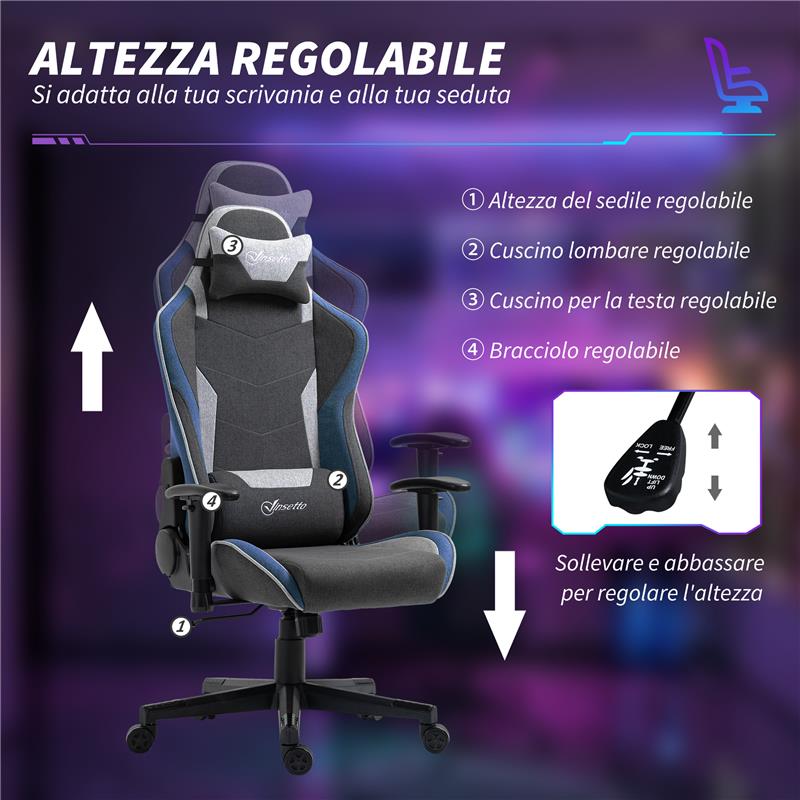 SEDIA DA GAMING RECLINABILE A 150° CON FUNZIONE DONDOLO IN TESSUTO EFFETTO LINO 66X53X128-138 CM GRIGIO